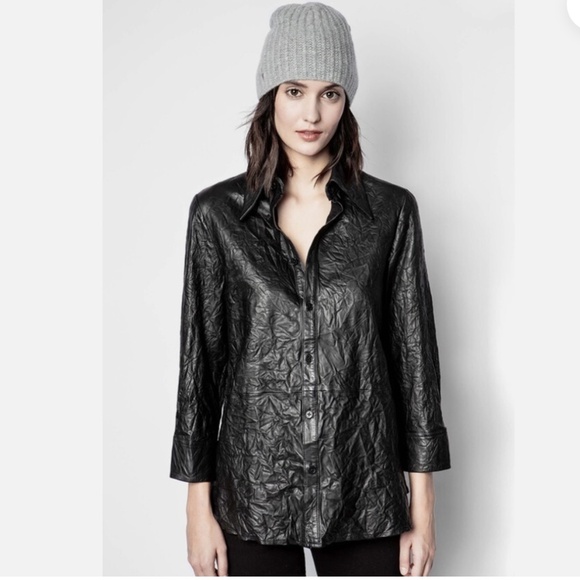 $698 Zadig & Voltaire Tris Crinkle Lamb Leather Shirt in BLACK SIZE M - Picture 1 of 7